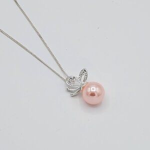 Delicate Crystal Butterfly on Pink Pearl with 9" Silver Chain Necklace